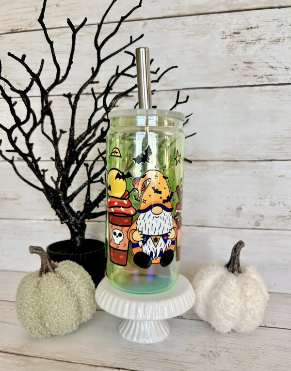 Halloween Gnomes Glass Cup with lid & straw 20oz