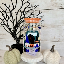 Halloween Witches Gnomes Glass Cup with lid & straw 16oz