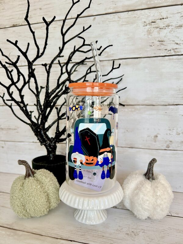Halloween Witches Gnomes Glass Cup with lid & straw 16oz
