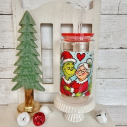 Grinch and Grammy Glass Tumbler Cup with lid & straw