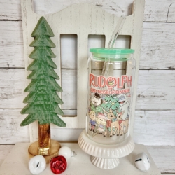 Classic Rudolph Glass Tumbler Cup with lid & straw