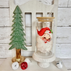Vintage Santa Glass Tumbler Cup with lid & straw