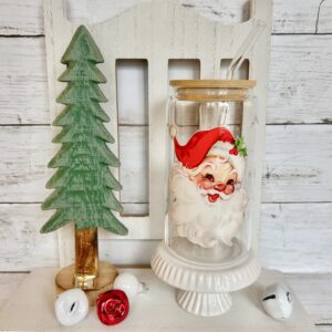 Vintage Santa Glass Tumbler Cup with lid & straw