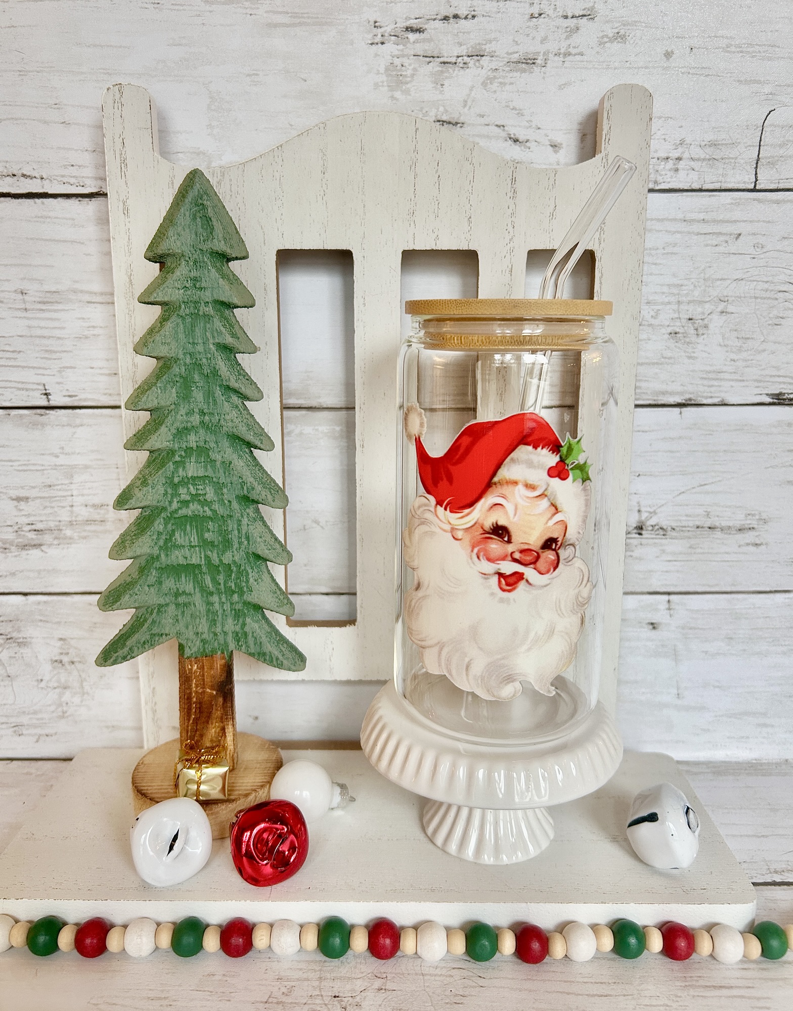 Vintage Santa Glass Tumbler Cup with lid & straw