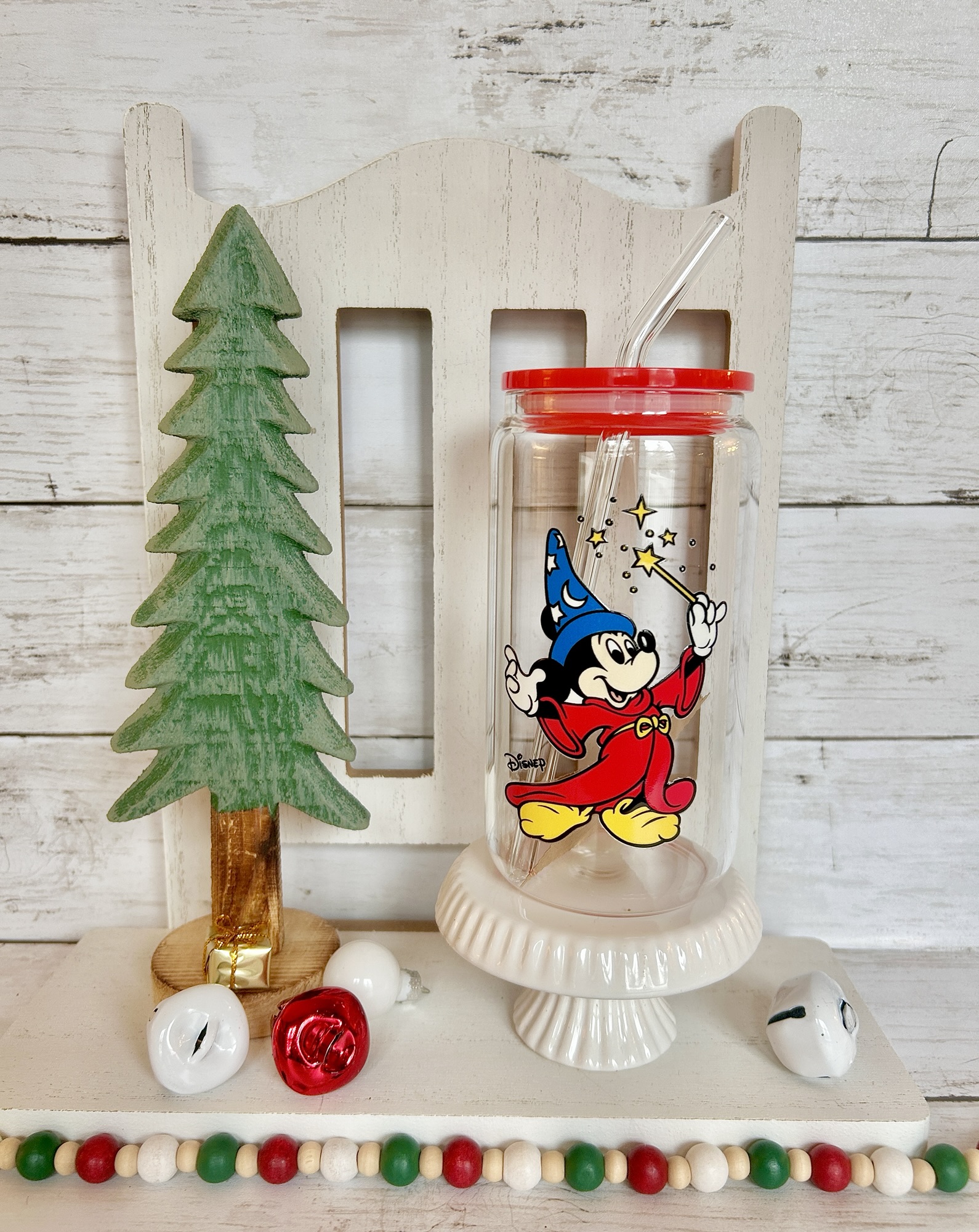 Classic Mickey Mouse Glass Tumbler Cup with lid & straw